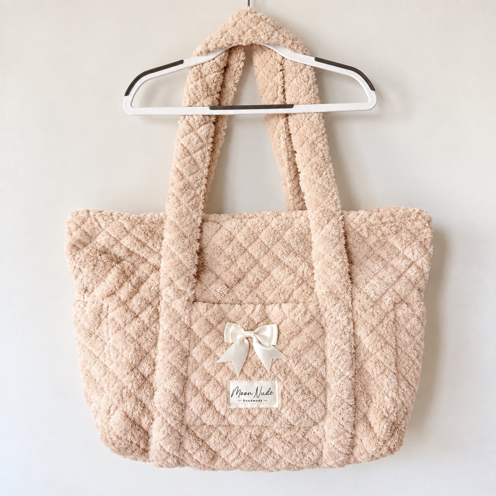 Moon Nude Tote Bag Quilted Faux Fur Teddy Fleece Beige Coquette Bow Plush